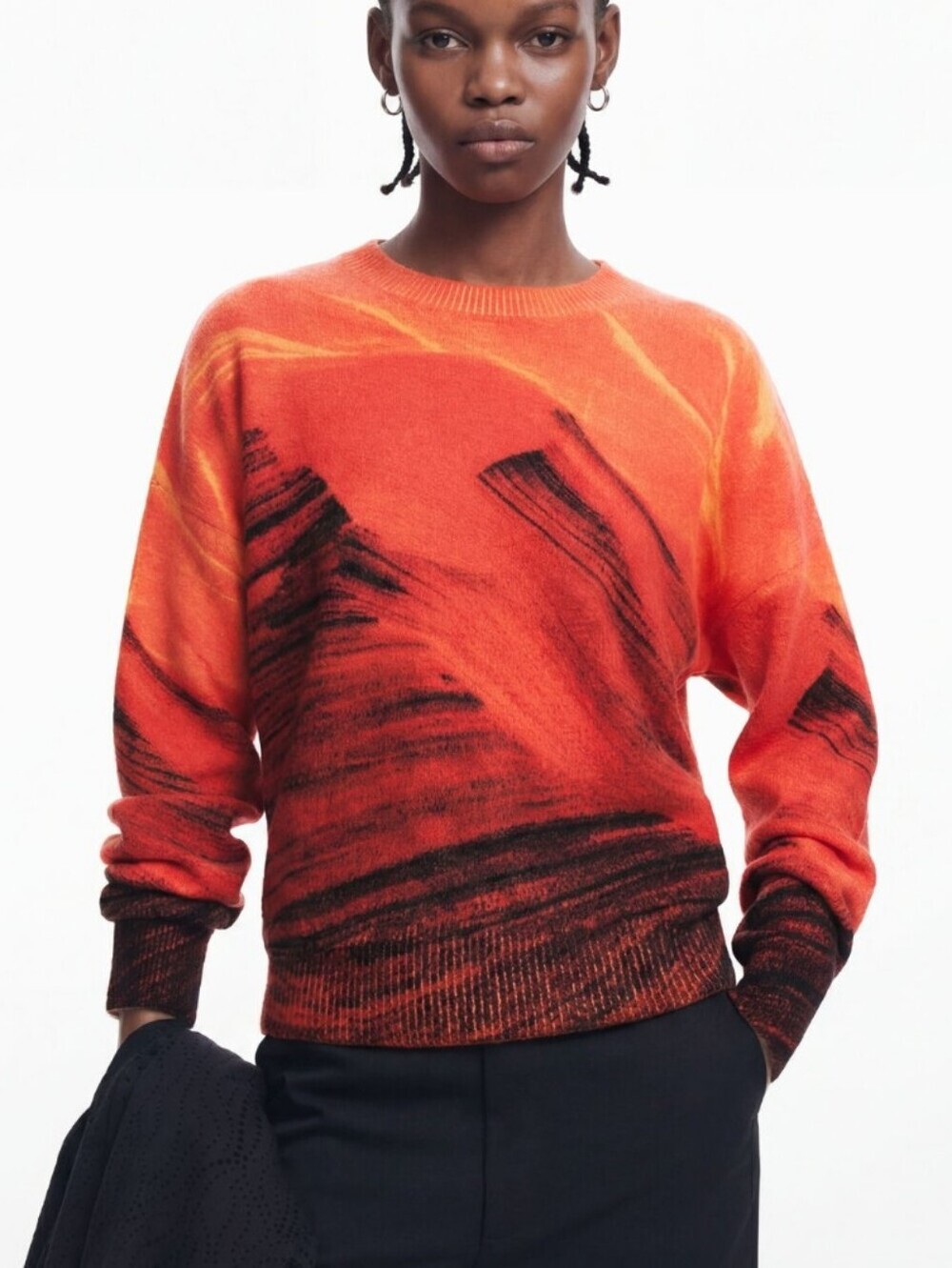 Desigual Orange Sunset and Black Abstract Crewneck Sweater XS